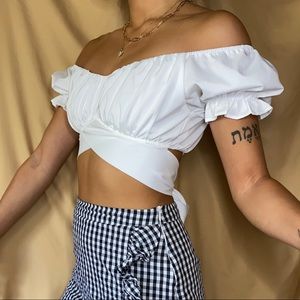 Off Shoulder Ruffle Bardot Tie Up Crop 💝